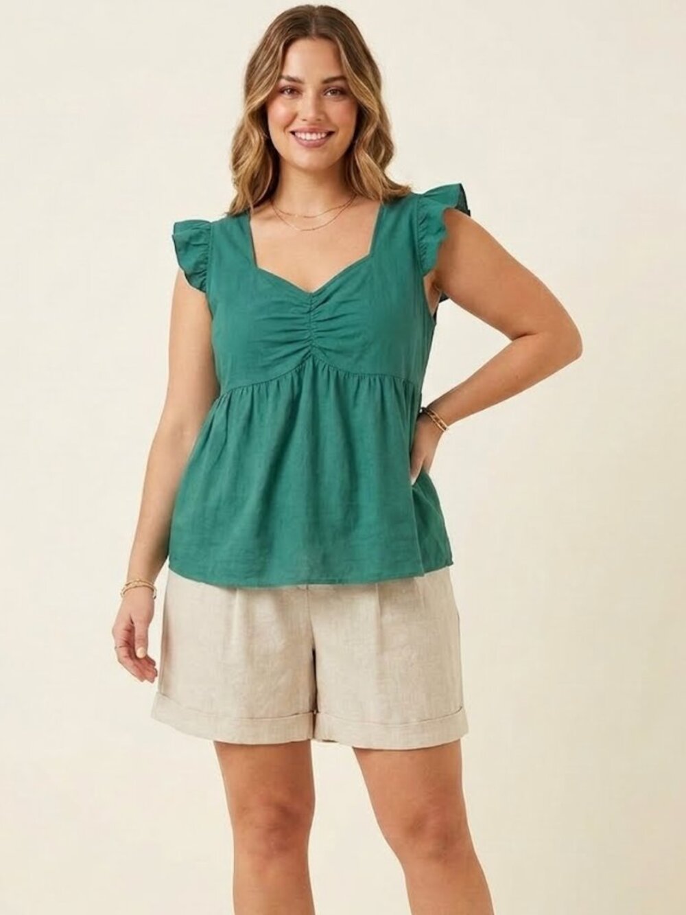 NWT Andrée by Unit Teal Green Ruffle Peplum Cotton Babydoll Top Plus Size 3X